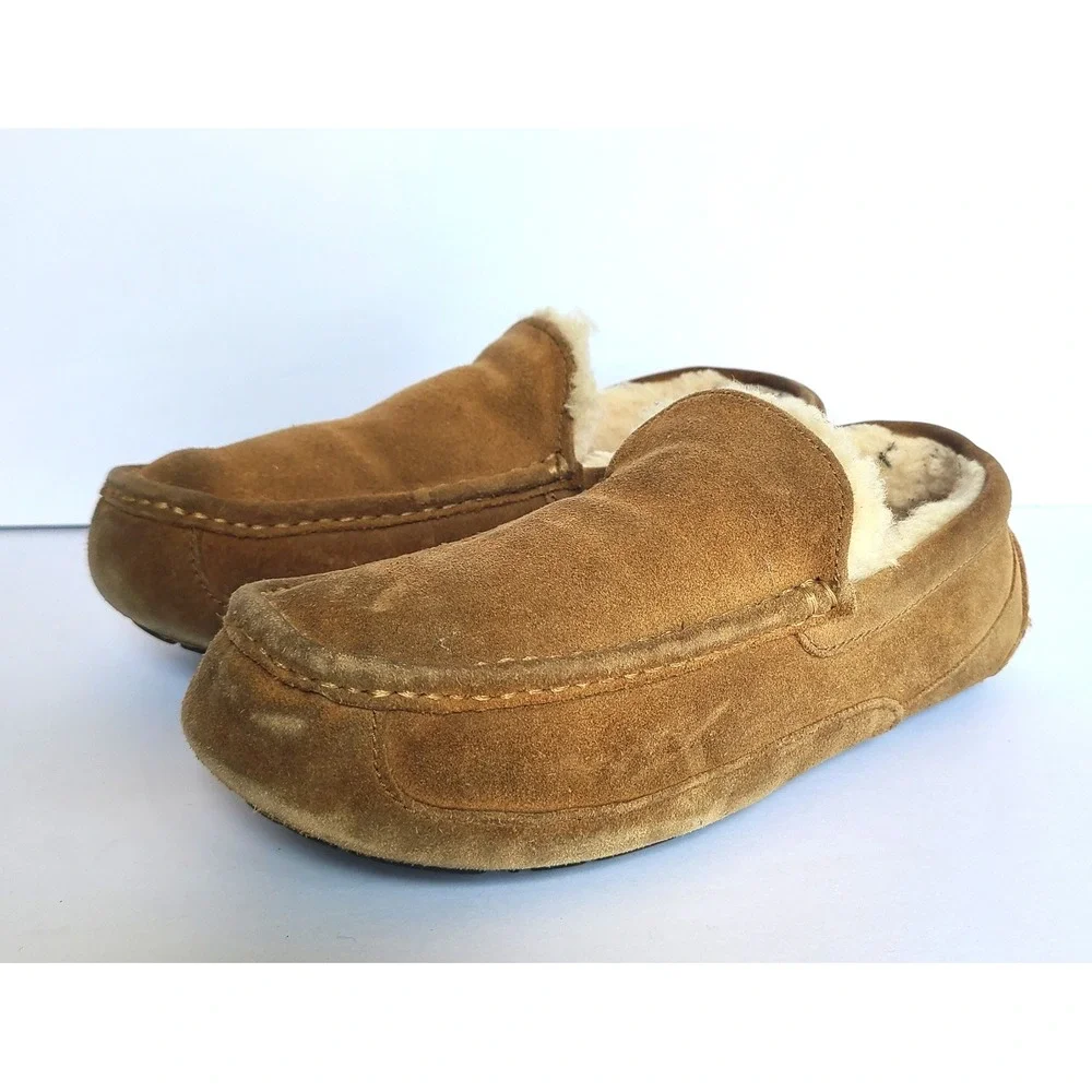 UGG Mens US 10 Ascot‎ Moccasin Moc Slippers Suede Shearling Lined Wool Tan Brown